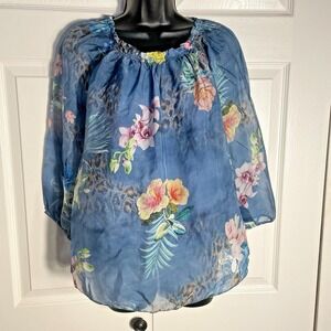 Moda Seta Italy Silk Blend Shirt Women S Blue Tropical Floral Flowy  Whimsical